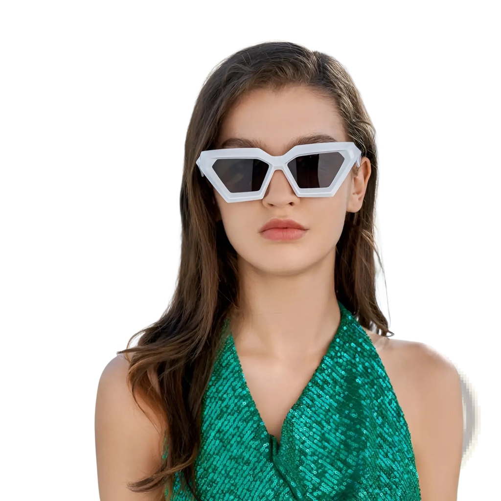 White geometric-framed modern irregular cat eye sunglasses with UV400 protection and dark lenses for sun protection