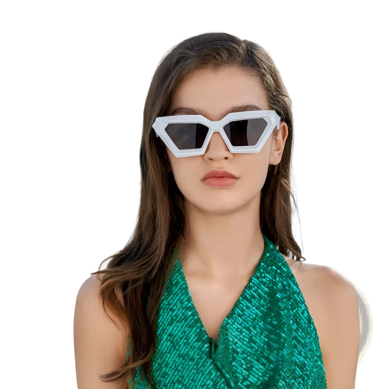 White geometric-framed modern irregular cat eye sunglasses with UV400 protection and dark lenses for sun protection