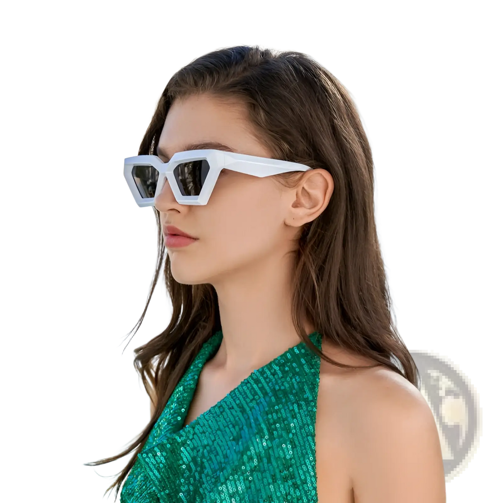 White geometric cat-eye sunglasses with black mirrored uv400 lenses for modern ultraviolet protection