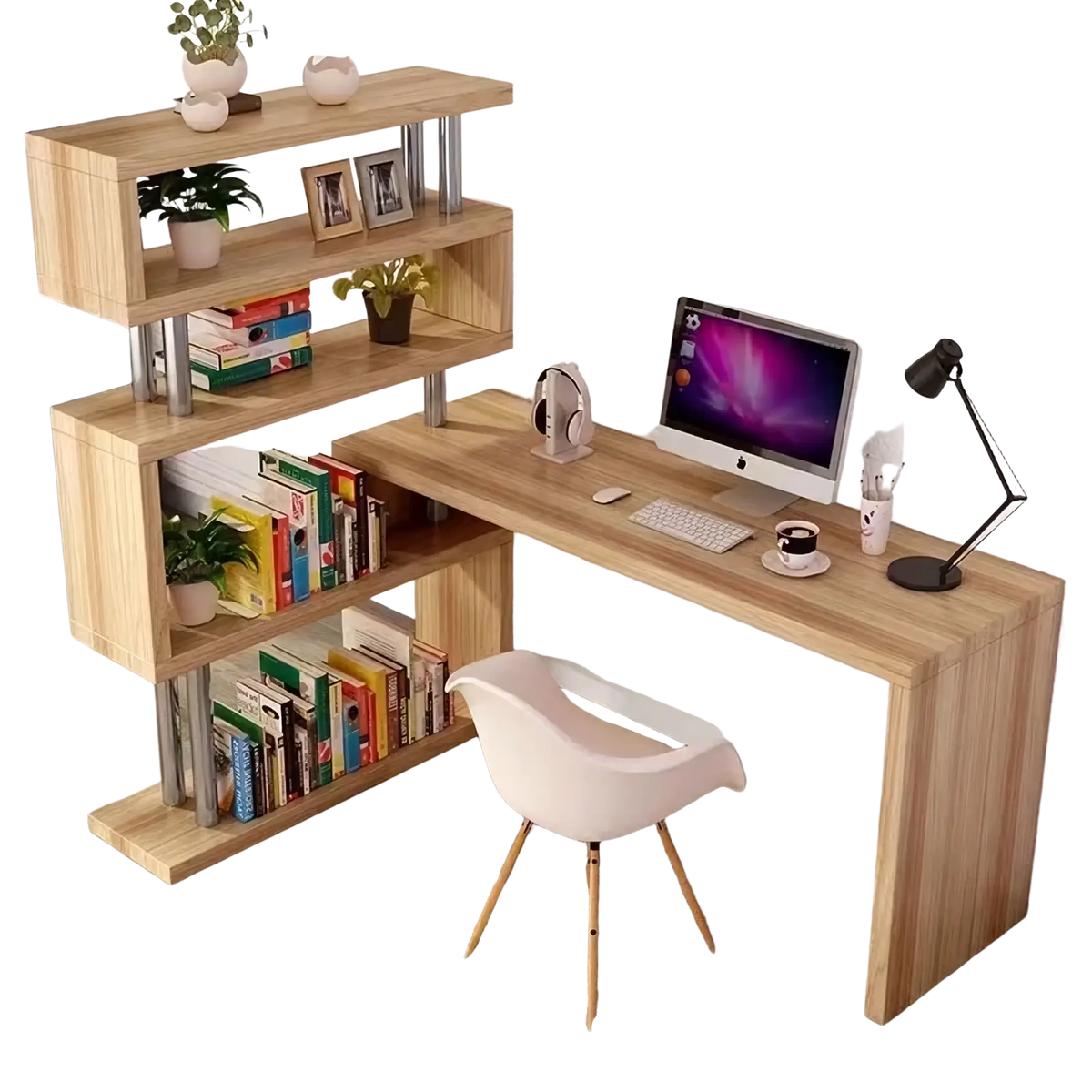 Modern l shaped computer desk in light wood grain with integrated shelving units and metal legs for workspace organization