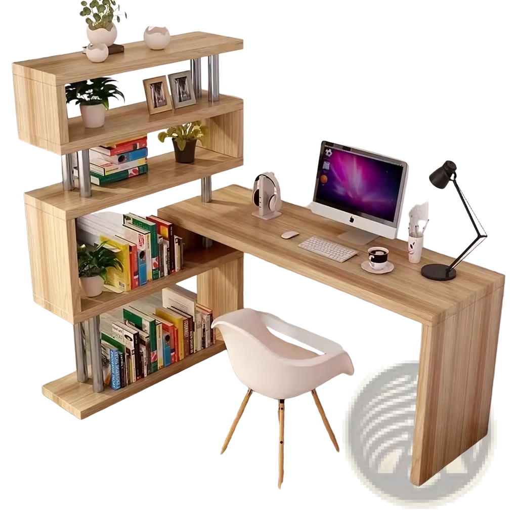 Modern l shaped computer desk in light wood grain with integrated shelving units and metal legs for workspace organization