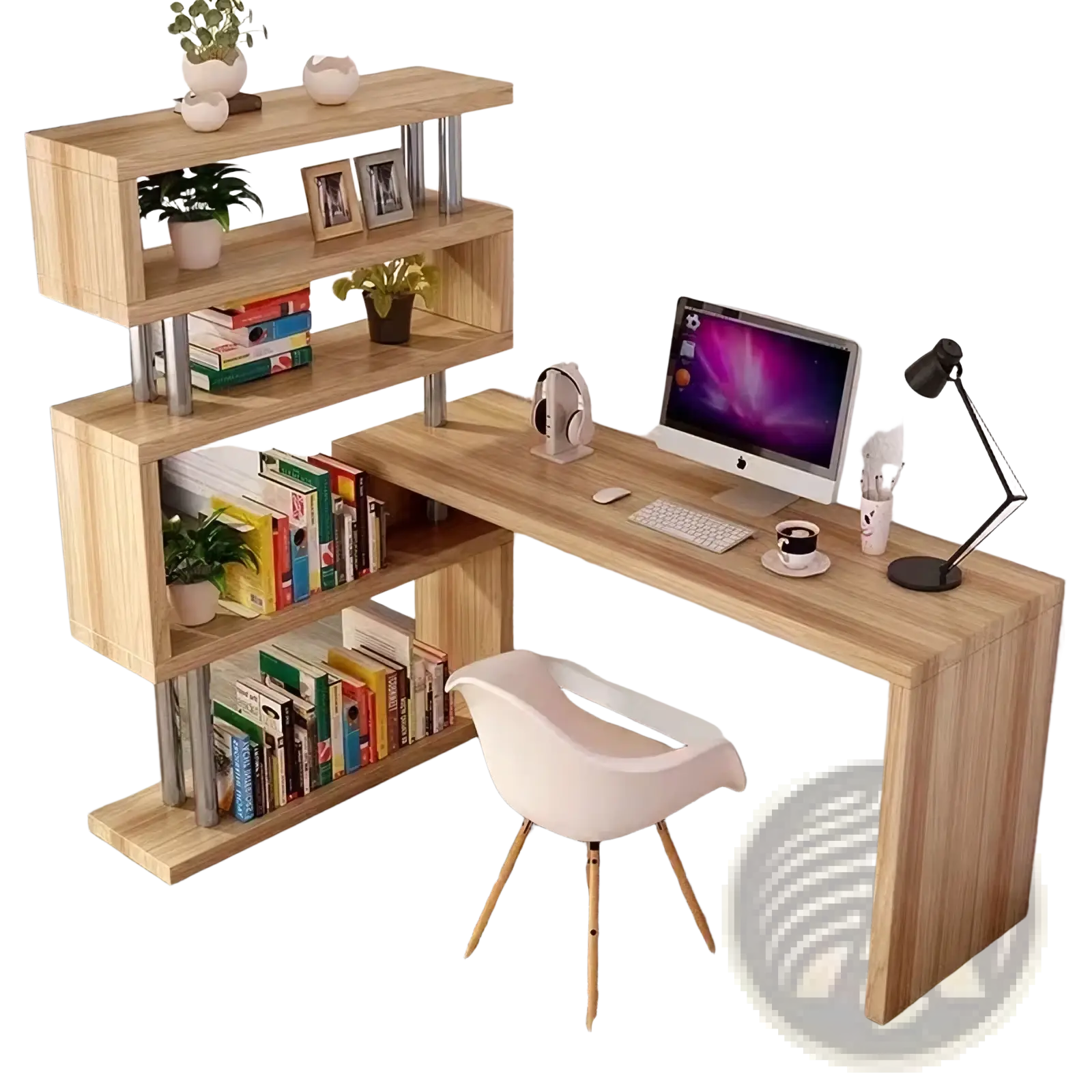Modern l shaped computer desk in light wood grain with integrated shelving units and metal legs for workspace organization