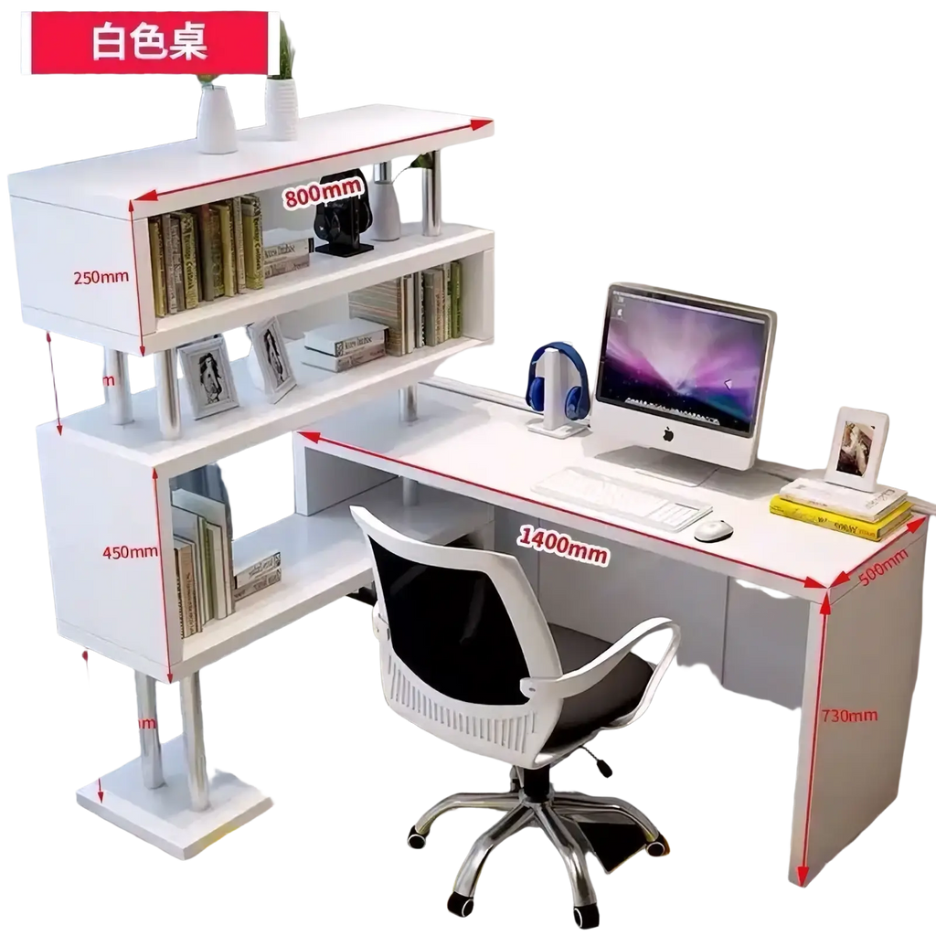 Modern l shaped computer desk in white with integrated bookshelves and precise dimensions for minimalist workspace setup