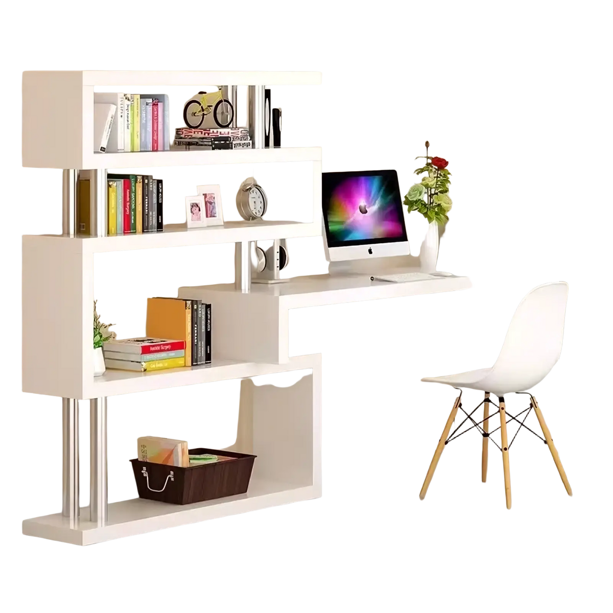 White modern l shaped computer desk with integrated bookshelf and metallic legs for organized workspace use