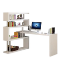 Modern l shaped white computer desk with integrated bookshelf and metallic silver supports for office use