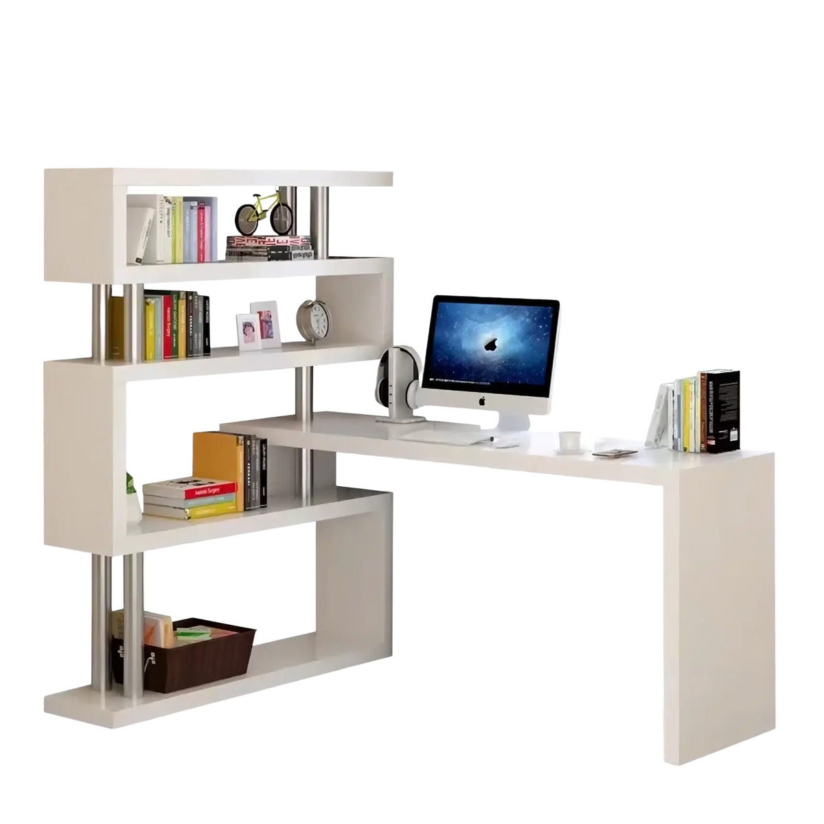 Modern l shaped white computer desk with integrated bookshelf and metallic silver supports for office use