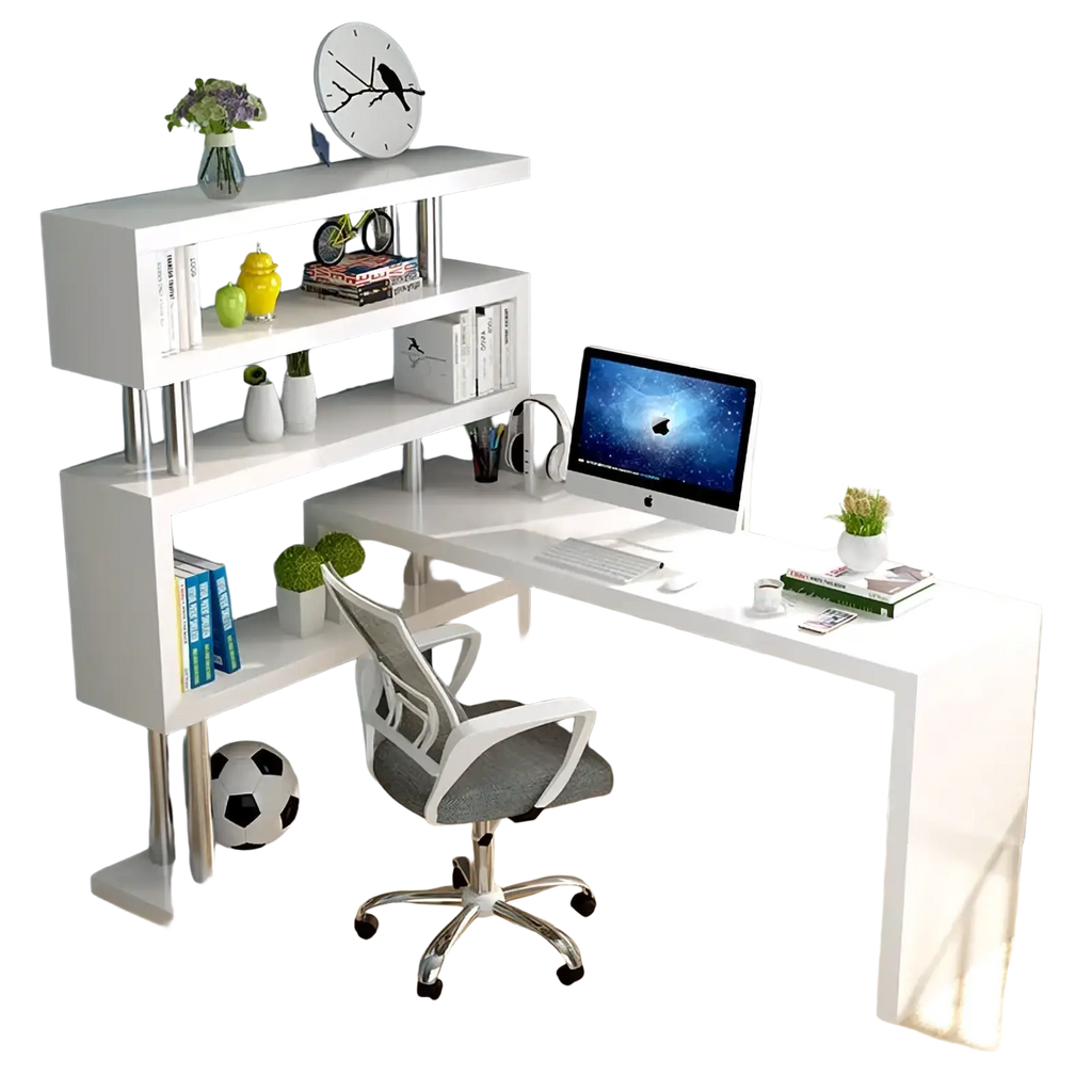 Modern l shaped computer desk in white with integrated bookshelf and chrome legs for home office organization