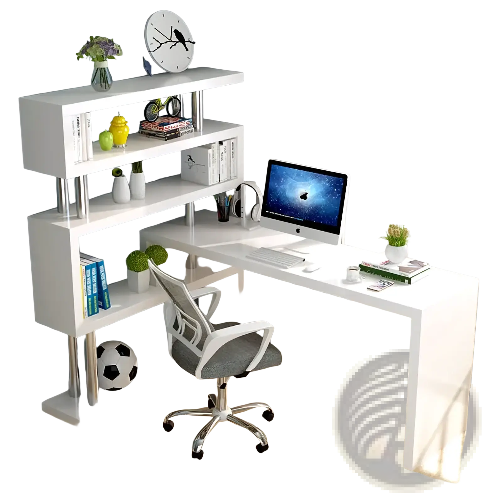 Modern l shaped computer desk in white with integrated bookshelf and chrome legs for home office organization