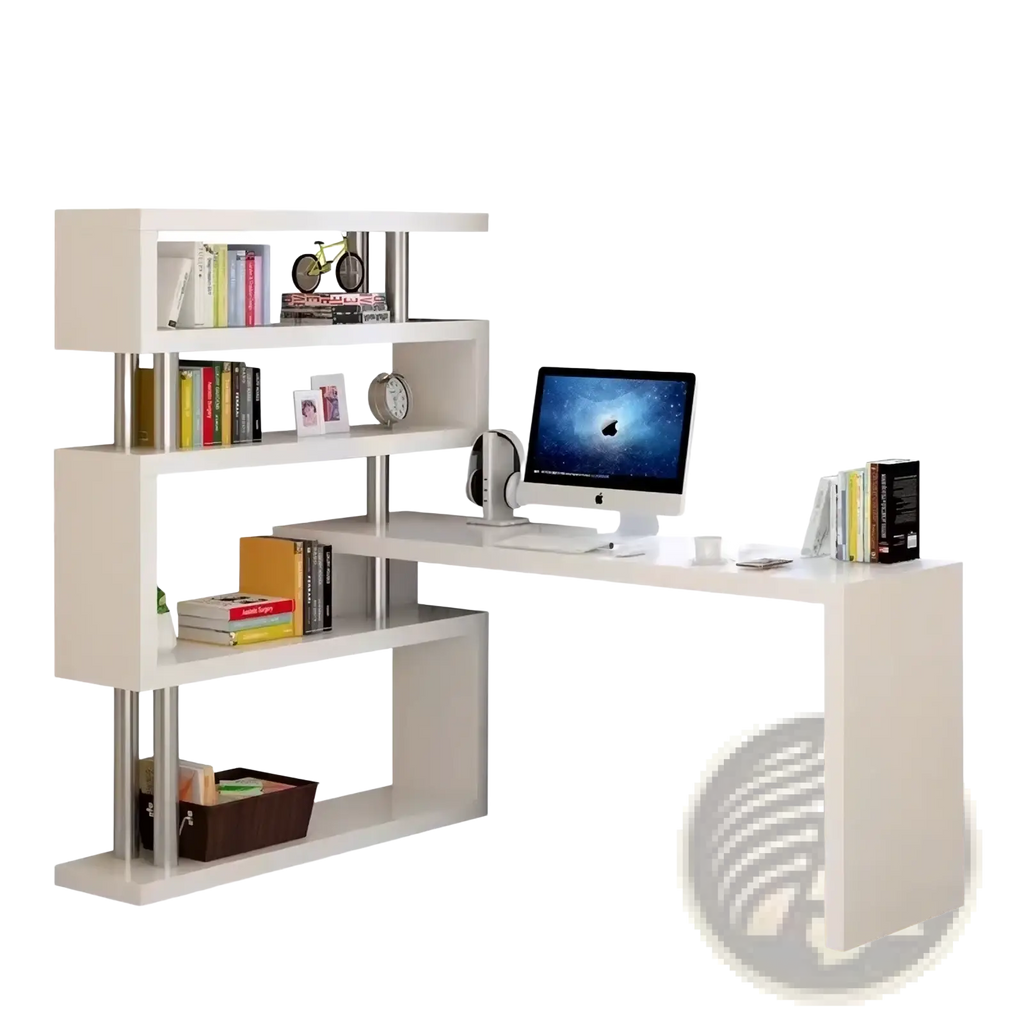 Modern l shaped white computer desk with integrated bookshelf and metallic silver supports for office use