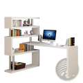 Modern l shaped white computer desk with integrated bookshelf and metallic silver supports for office use
