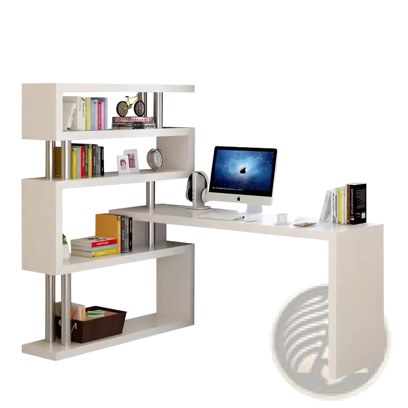 Modern l shaped white computer desk with integrated bookshelf and metallic silver supports for office use