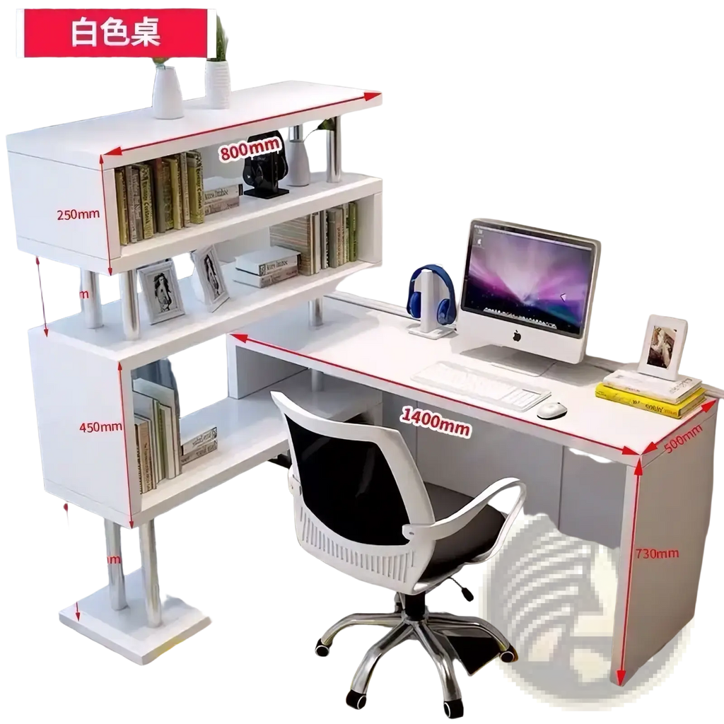 Modern l shaped computer desk in white with integrated bookshelves and precise dimensions for minimalist workspace setup