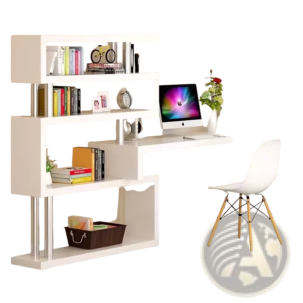 White modern l shaped computer desk with integrated bookshelf and metallic legs for organized workspace use