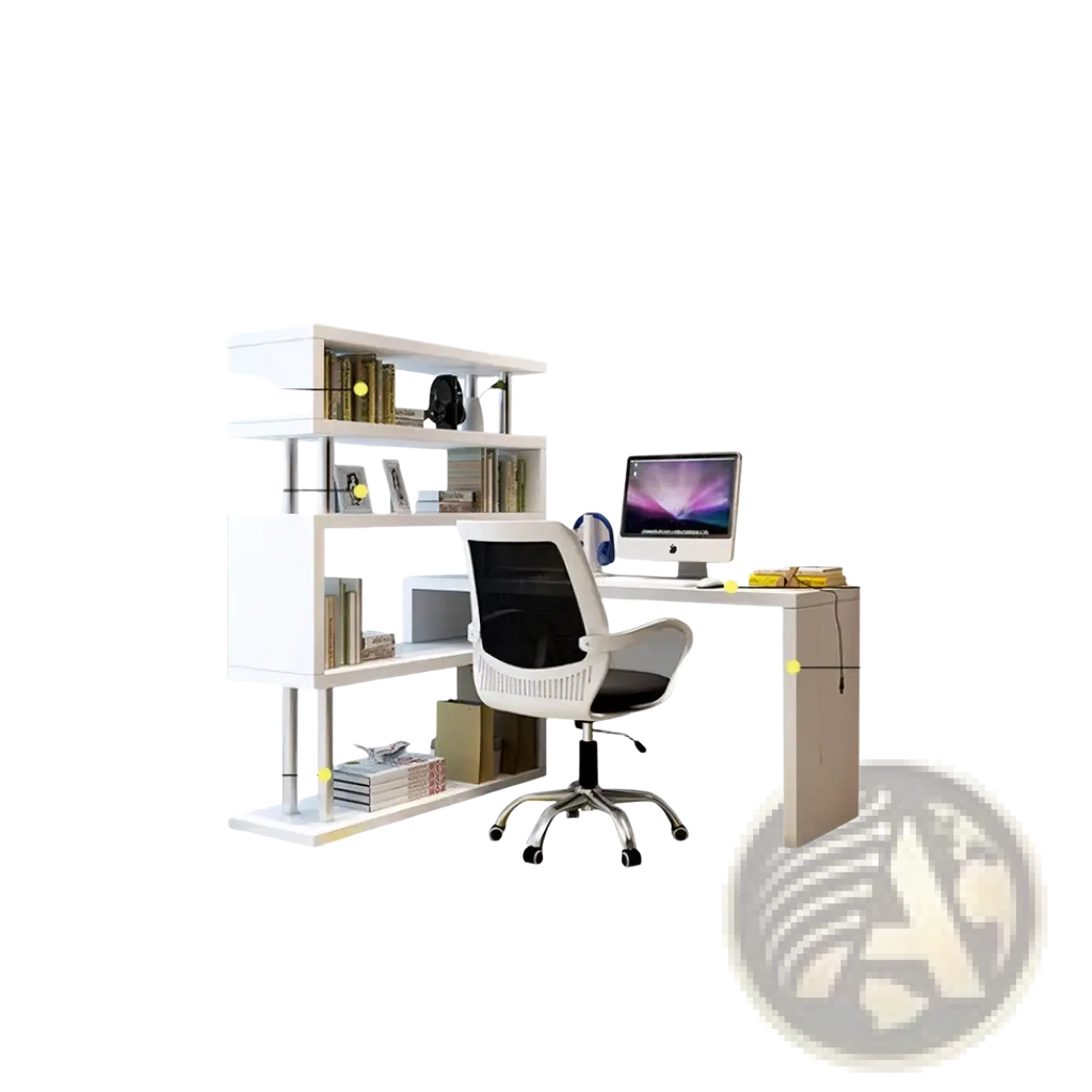 Modern l shaped white multifunctional computer desk with integrated bookshelf and thick wooden surface for home office