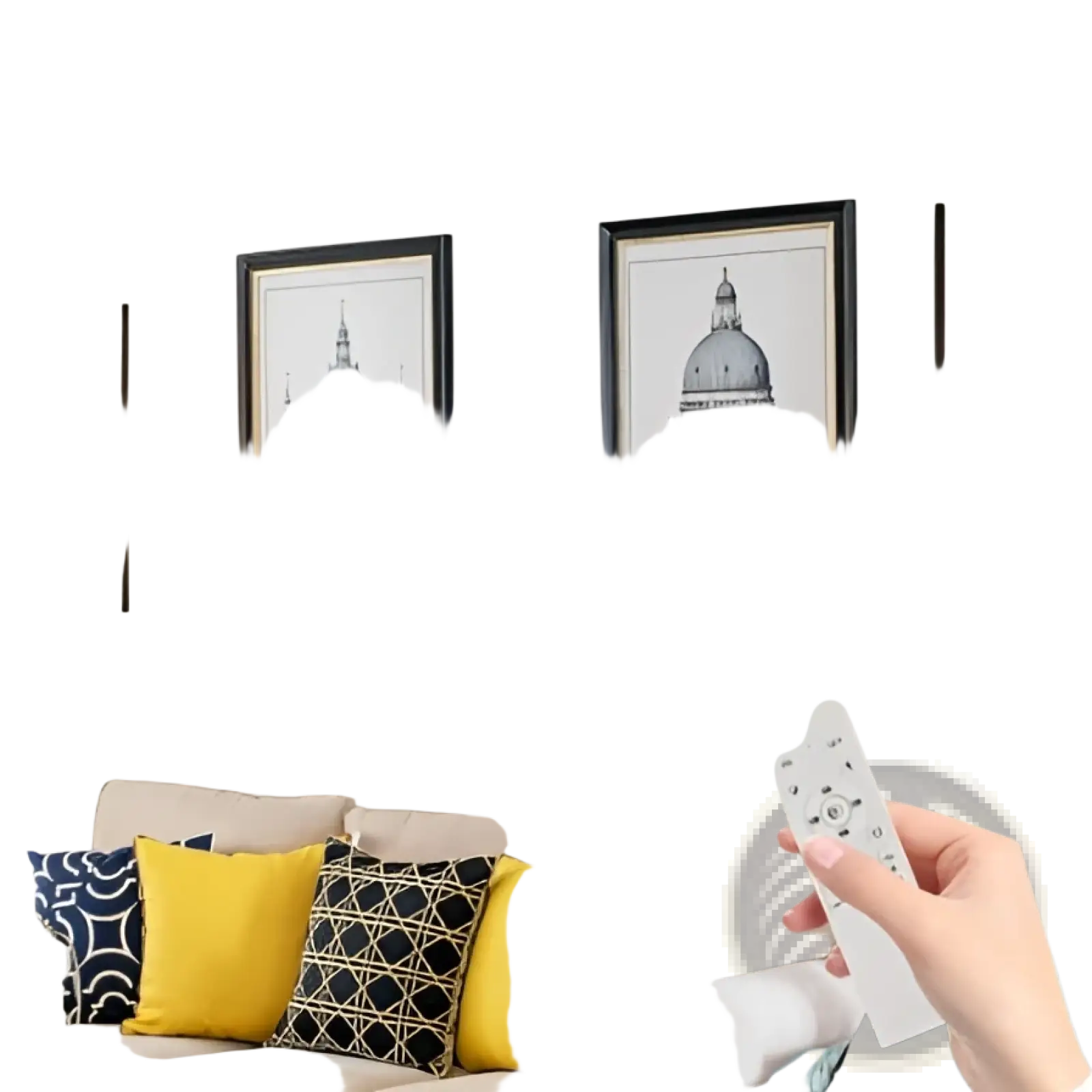 Black-framed wall art with detailed grayscale illustration of domed cathedral paired with modern dimmable led wall sconce black matte