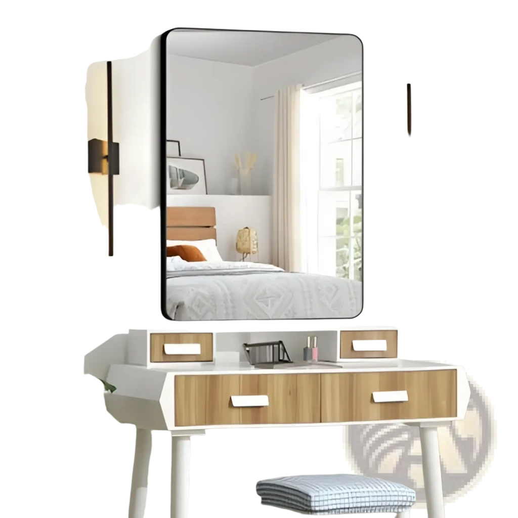 Rectangular mirror with sleek black frame above white vanity table featuring light wood drawers and modern led wall sconce 2-pack black matte light