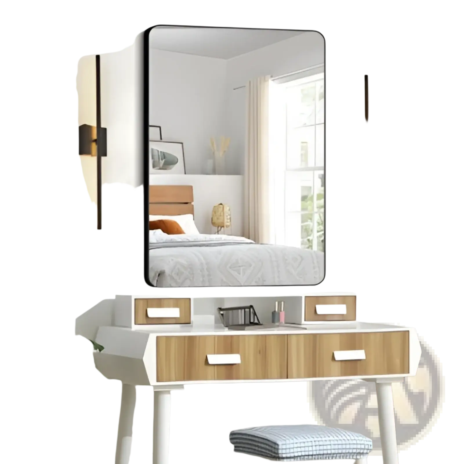 Rectangular mirror with sleek black frame above white vanity table featuring light wood drawers and modern led wall sconce 2-pack black matte light