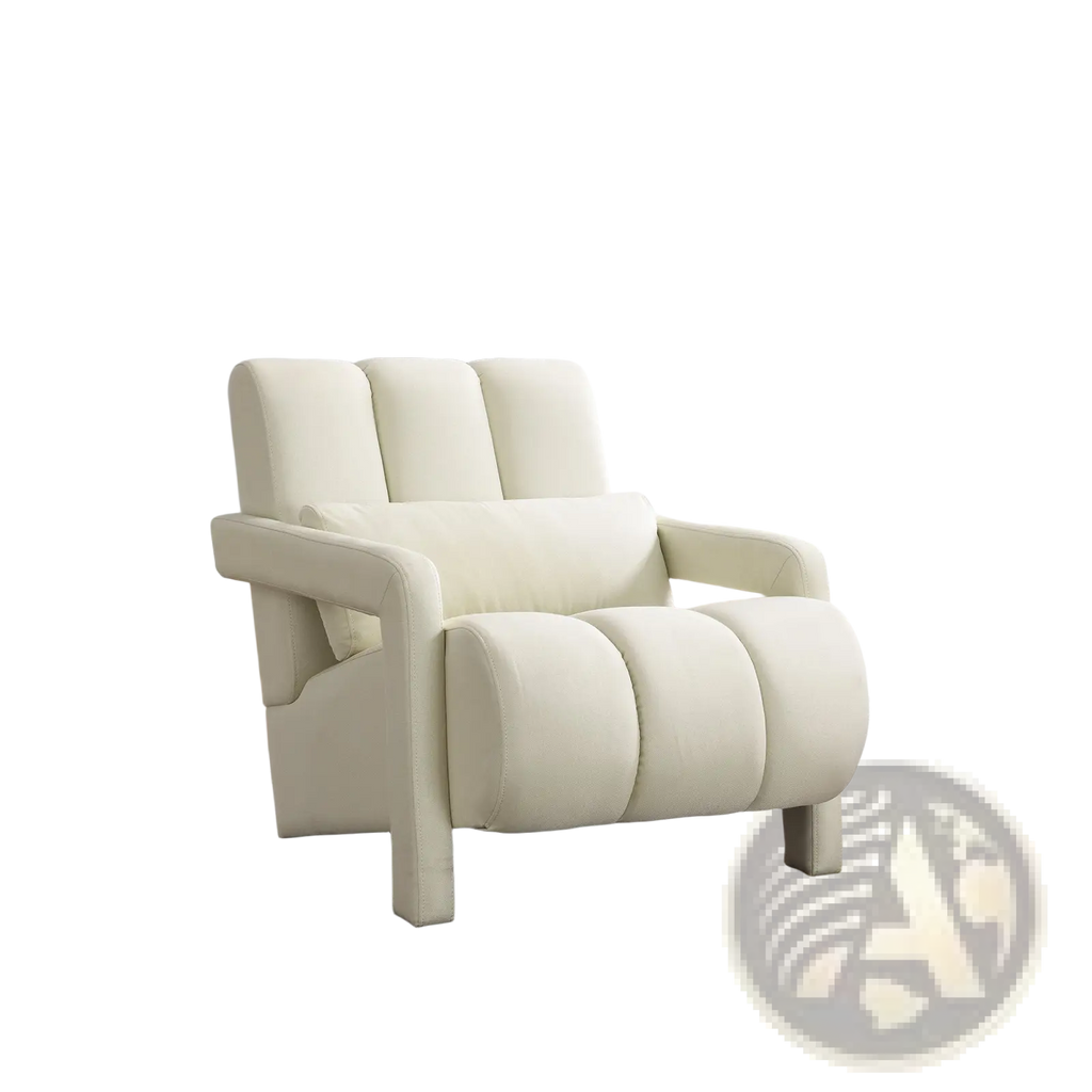 Modern linen accent chair in beige with cream-colored recliner and segmented cushioning for living room use