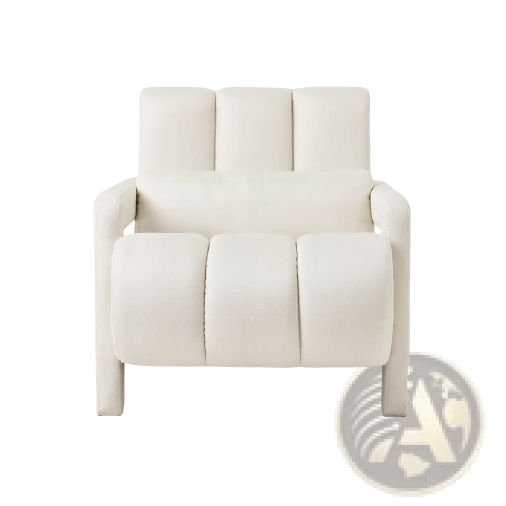 Modern linen accent chair in cream-colored leather with segmented cushions and clean modern lines for living room