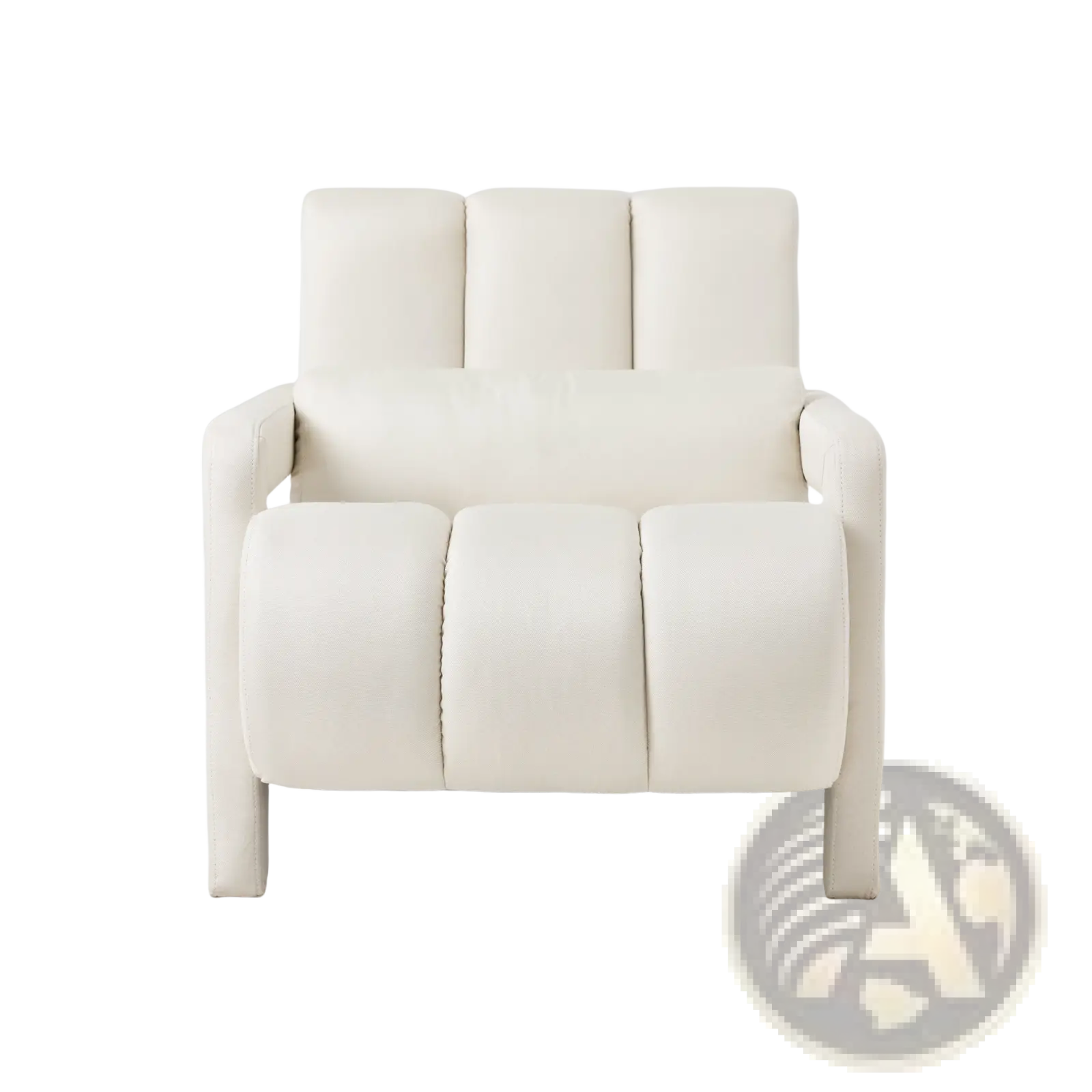 Modern linen accent chair in cream-colored leather with segmented cushions and clean modern lines for living room