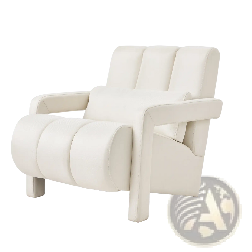 Modern linen accent chair in beige with cream-colored leather recliner featuring segmented back and seat cushions