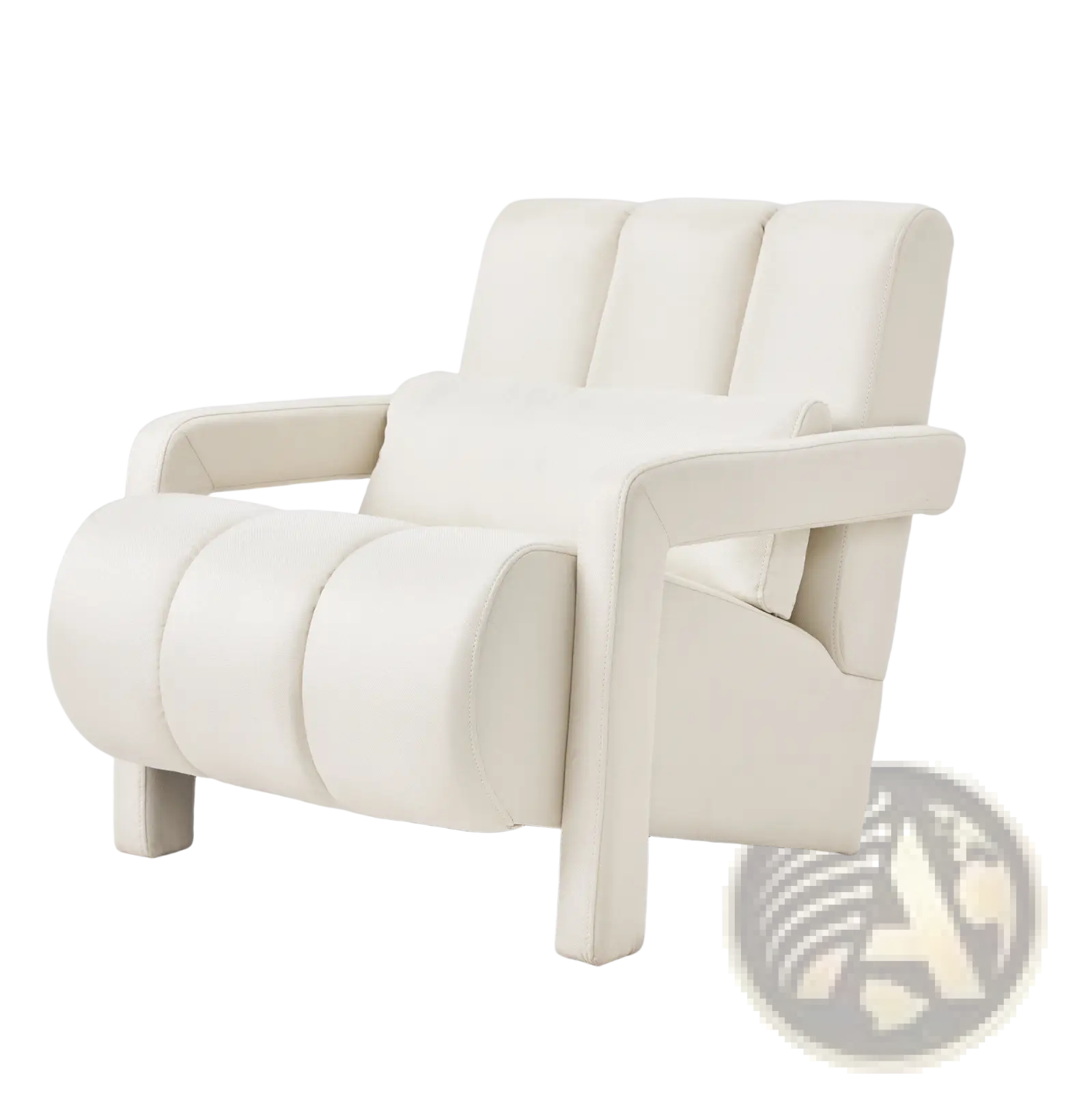 Modern linen accent chair in beige with cream-colored leather recliner featuring segmented back and seat cushions