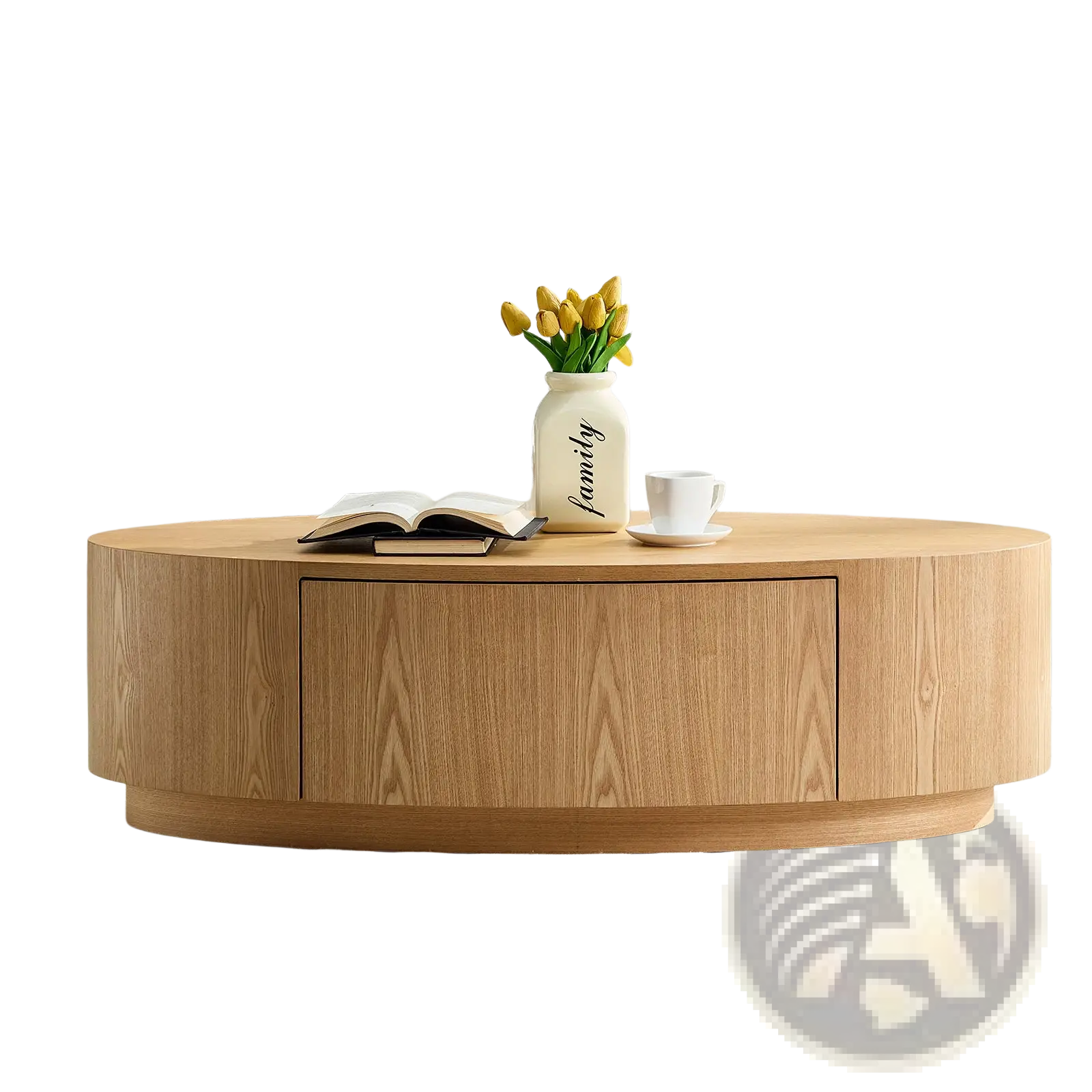 Light oak oval coffee table with storage drawer and subtle wood grain finish in modern luxury design
