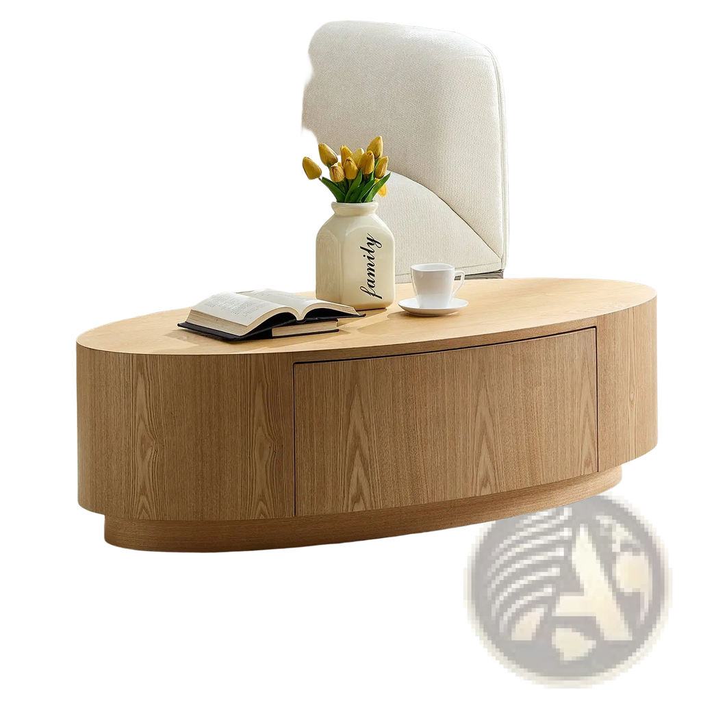 Modern luxury oval coffee table in light wood with a single storage drawer and smooth minimalist design