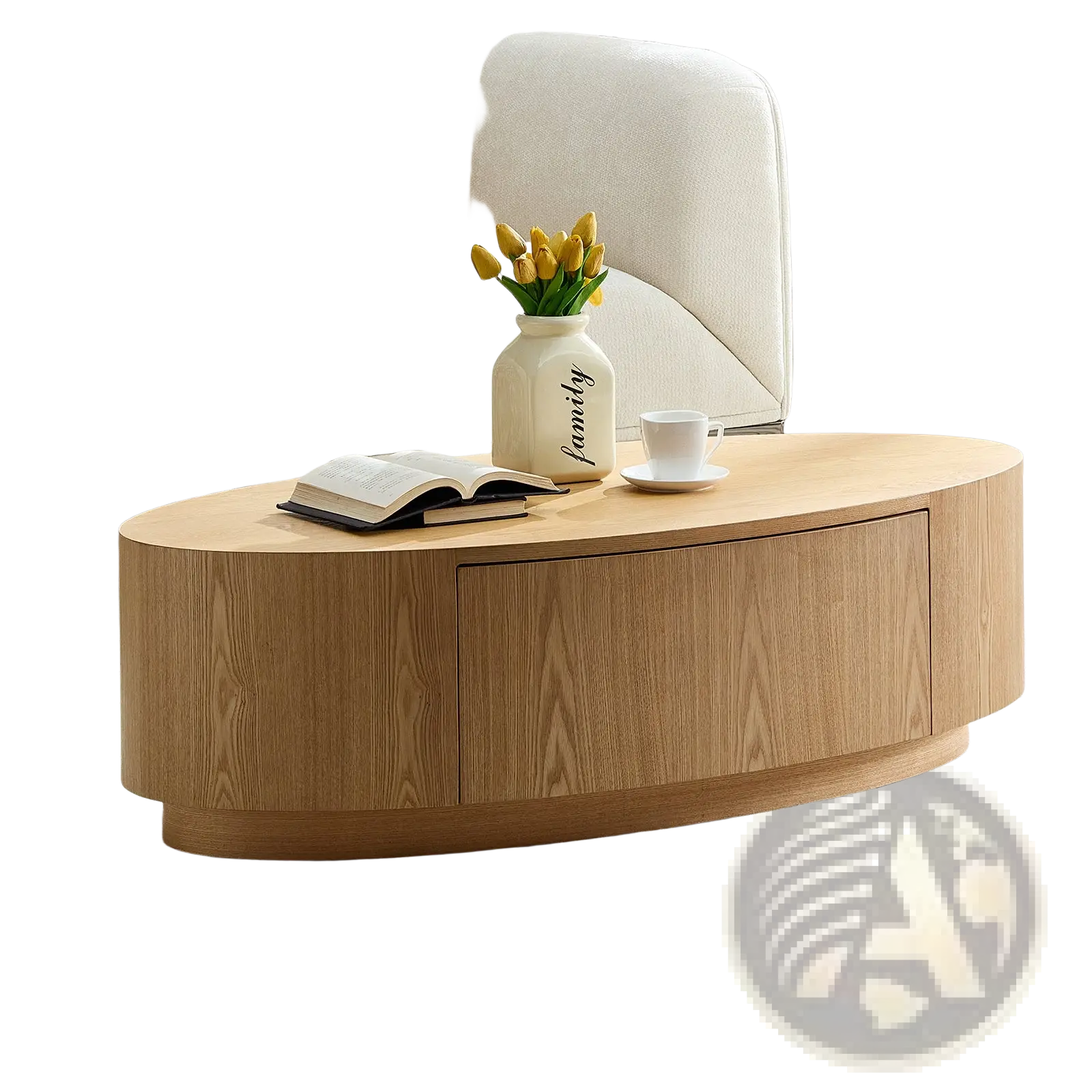 Modern luxury oval coffee table in light wood with a single storage drawer and smooth minimalist design