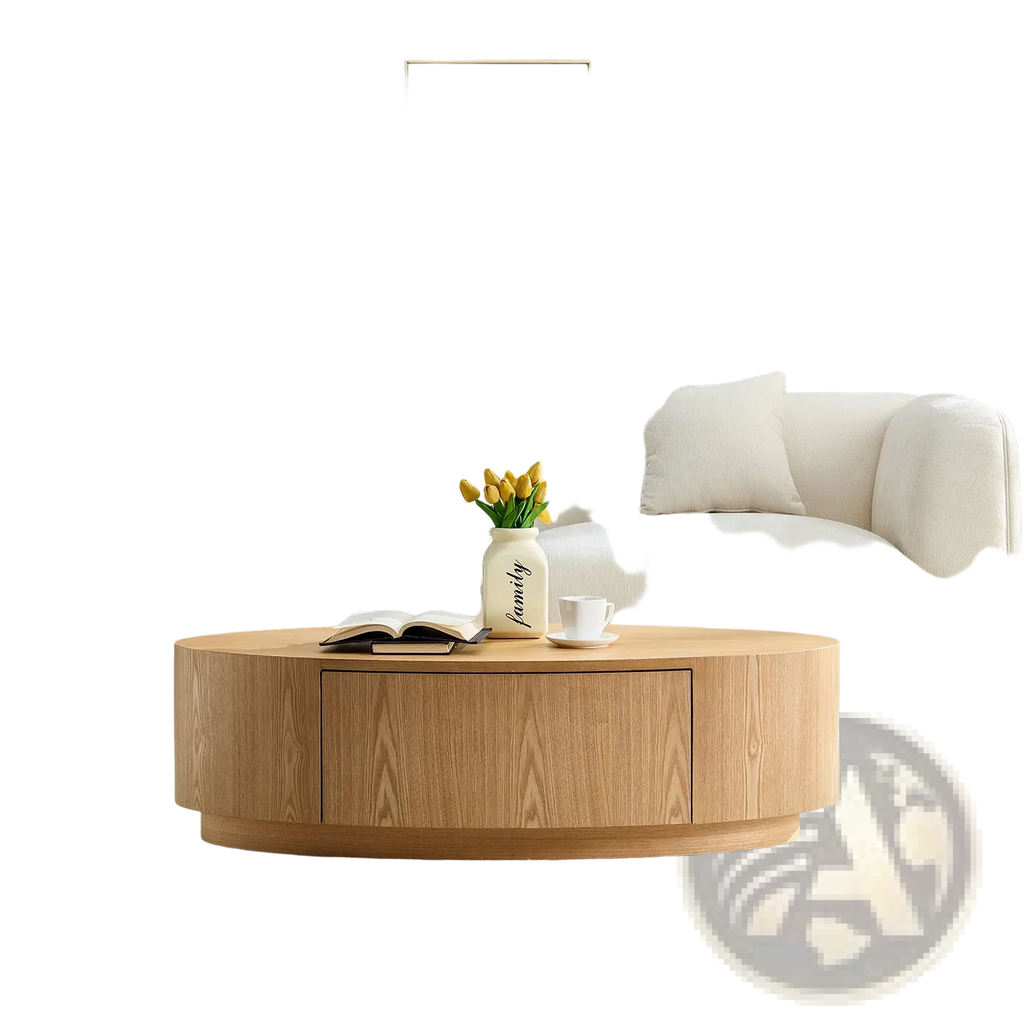 Modern luxury oval coffee table in light wood with storage drawer and subtle grain texture for living room use