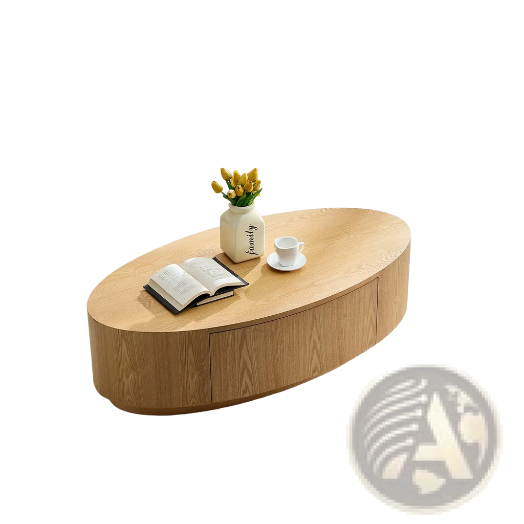 Modern luxury oval coffee table in light wood with two storage drawers and a smooth minimalist design
