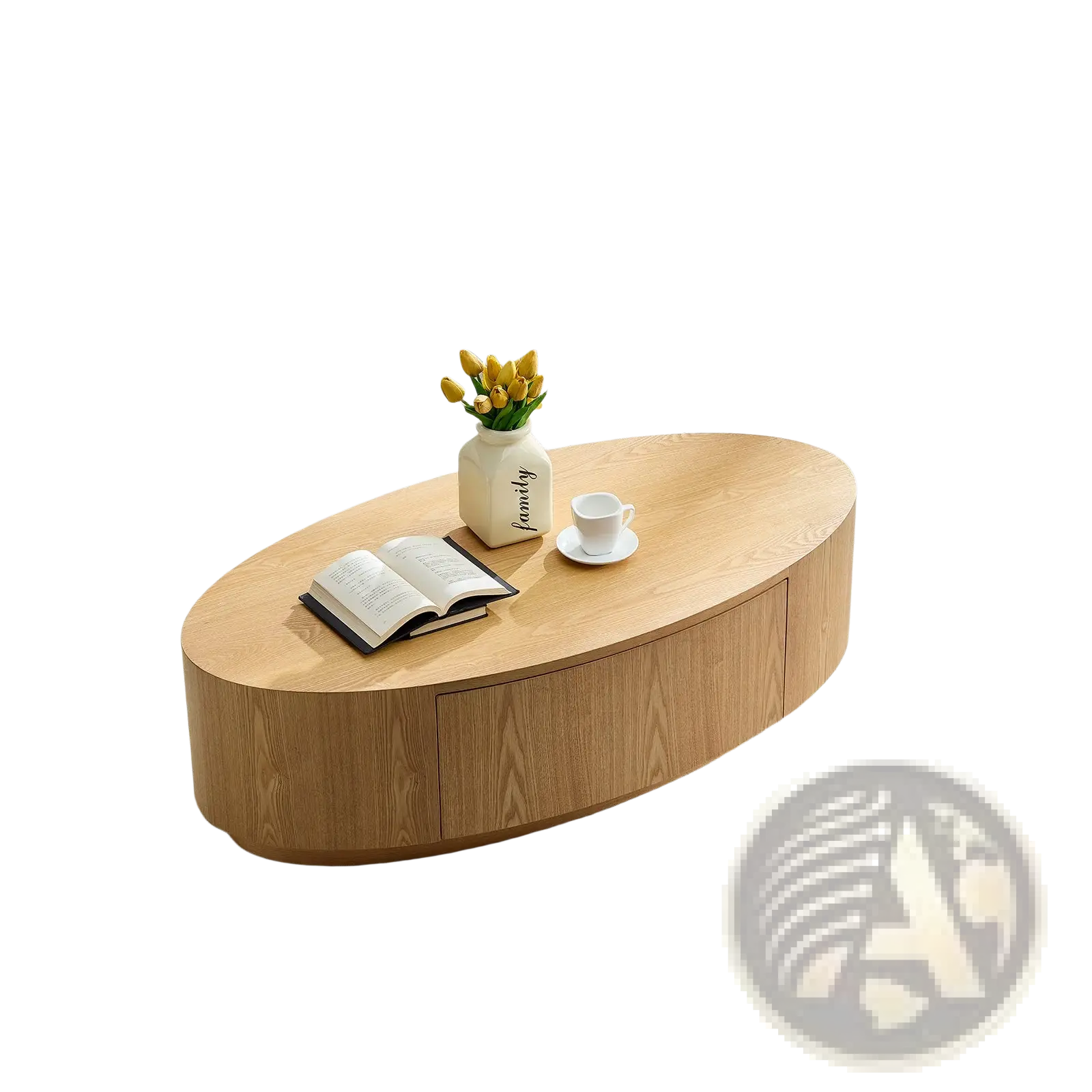 Modern luxury oval coffee table in light wood with two storage drawers and a smooth minimalist design