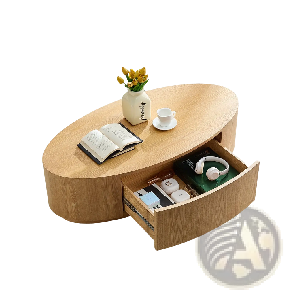Modern luxury light wood oval coffee table with storage drawer open showing neatly organized items inside