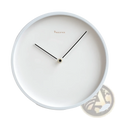 Modern minimalist metal wall clock features a white face with sleek black hands and a subtle made by mjk logo