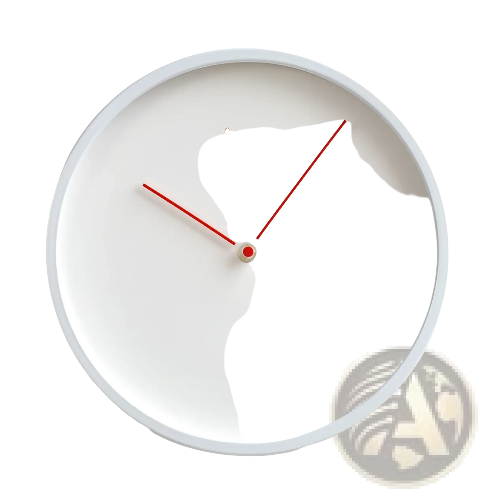 Modern minimalist metal wall clock with a white face, bold red hands, small red center, and made by mik branding