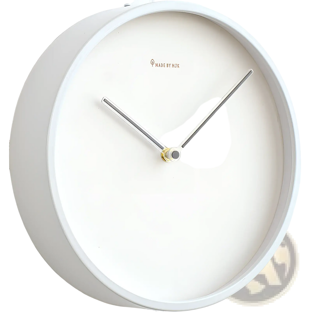 Modern minimalist metal wall clock with a white face, slender silver hands, and gold-toned center hub made by hjk
