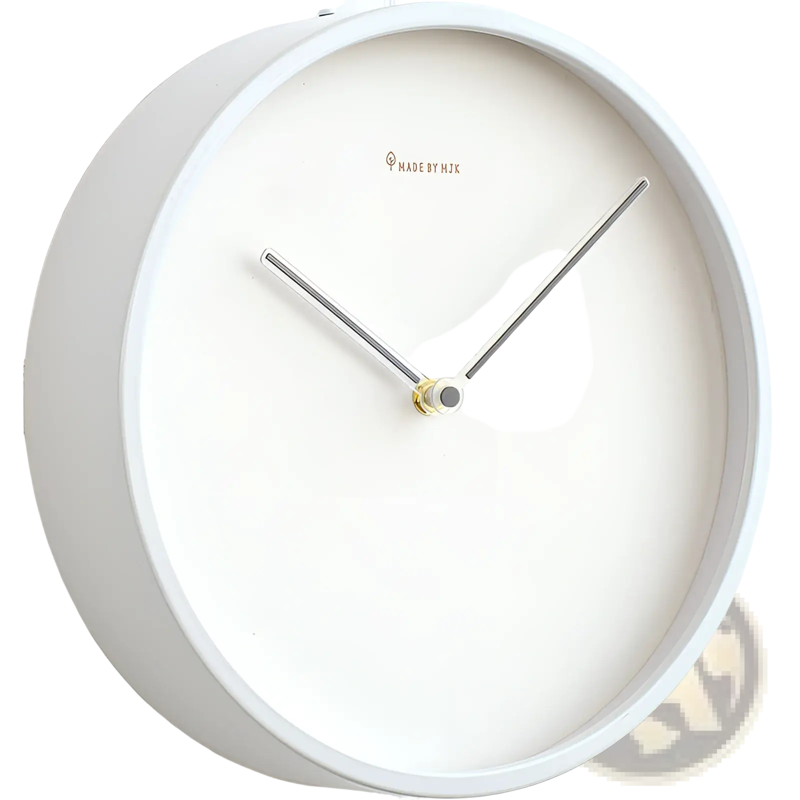 Modern minimalist metal wall clock with a white face, slender silver hands, and gold-toned center hub made by hjk