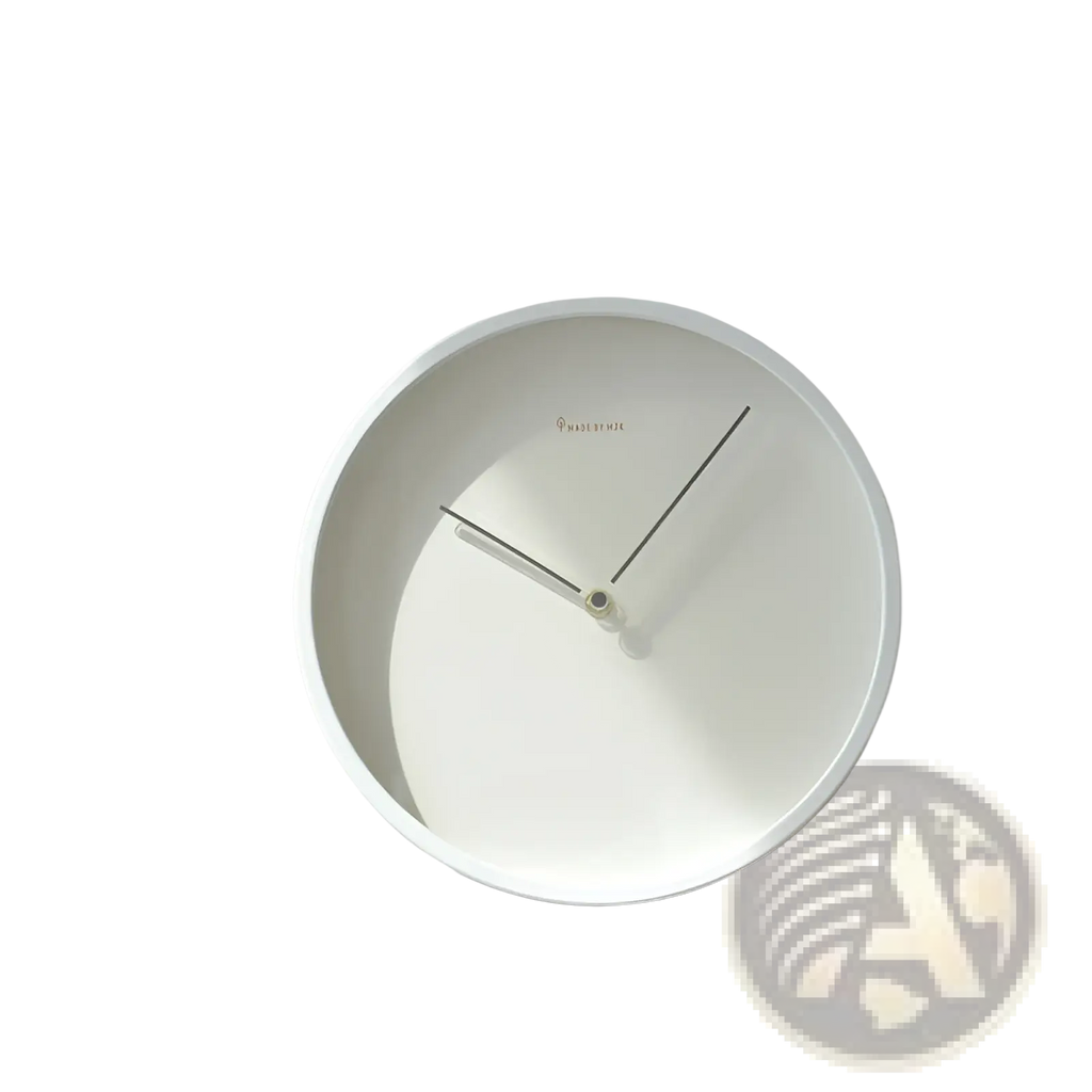 Modern minimalist metal wall clock with a white face slender black hands and made by mix logo for living room