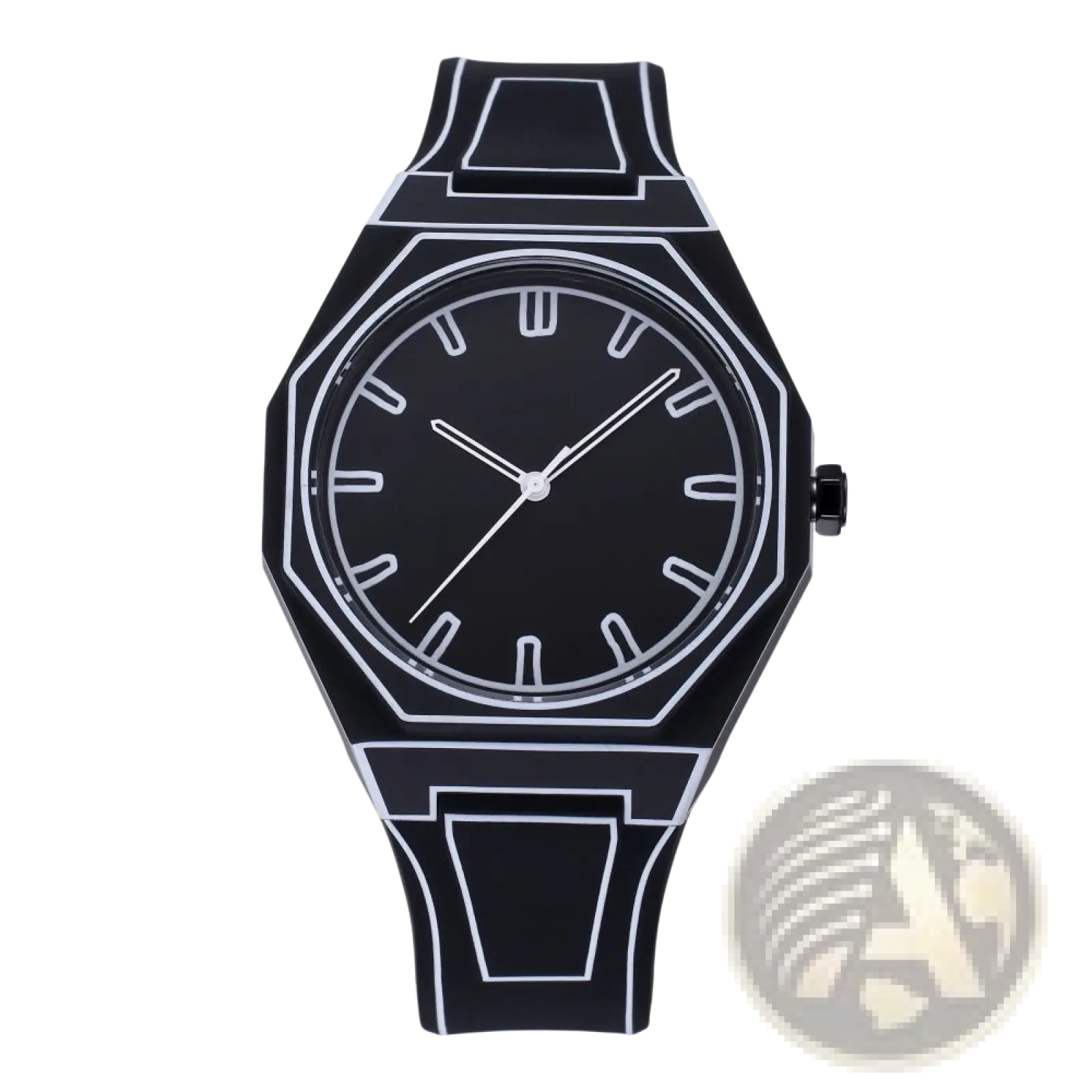 Black octagonal minimalist waterproof silicone watch with white geometric outlines and a sleek dial design