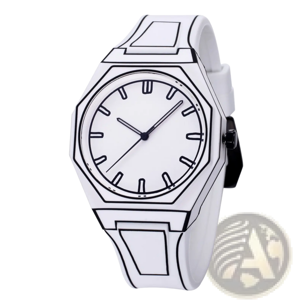 Modern octagonal minimalist waterproof silicone watch in white with black outlined geometric design and minimalist face