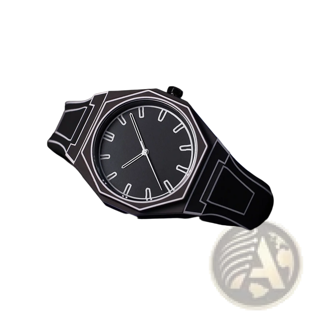 Black modern octagonal minimalist waterproof silicone watch with silver-toned hands and hour markers