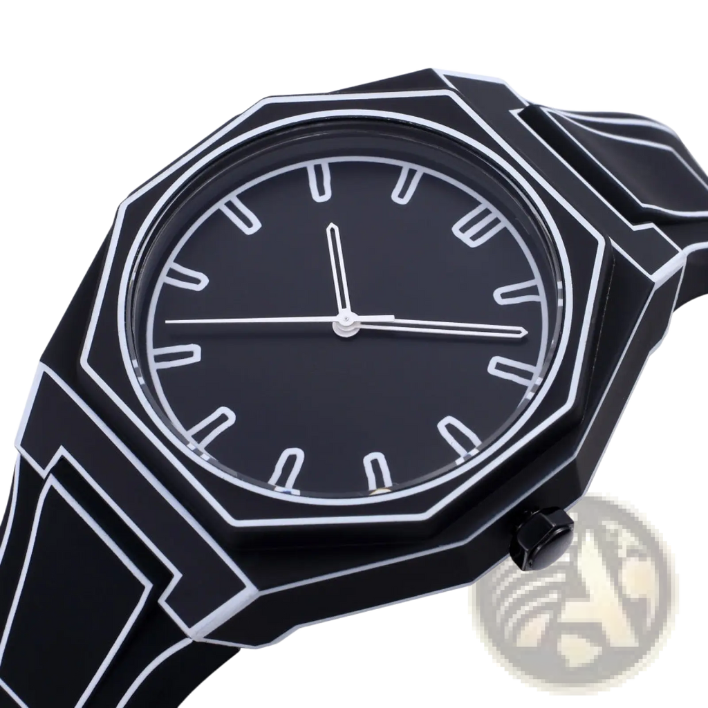 Black octagonal minimalist waterproof silicone watch with white geometric accents and a simple dial design