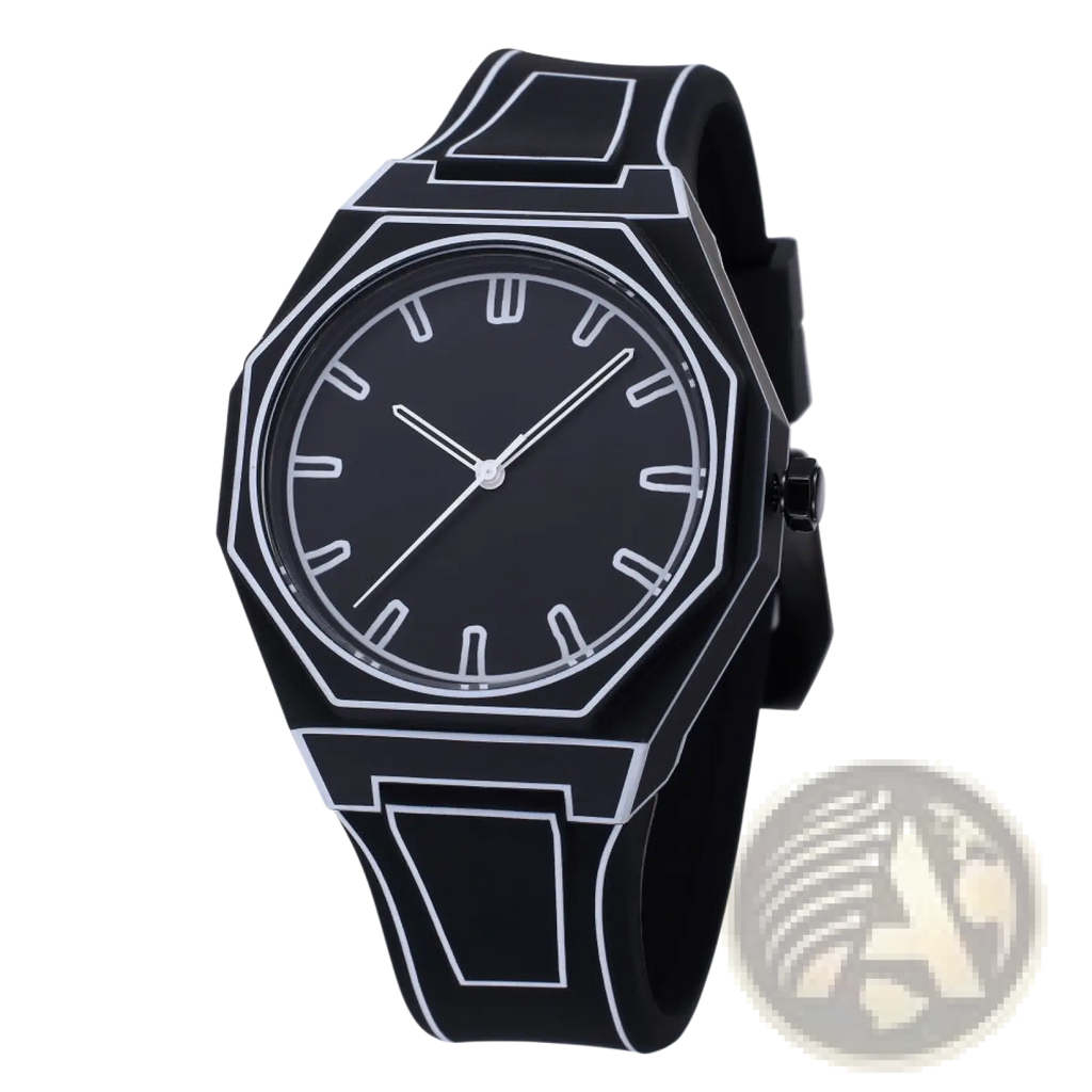Black octagonal silicone watch with white geometric details and minimalist dial modern waterproof design