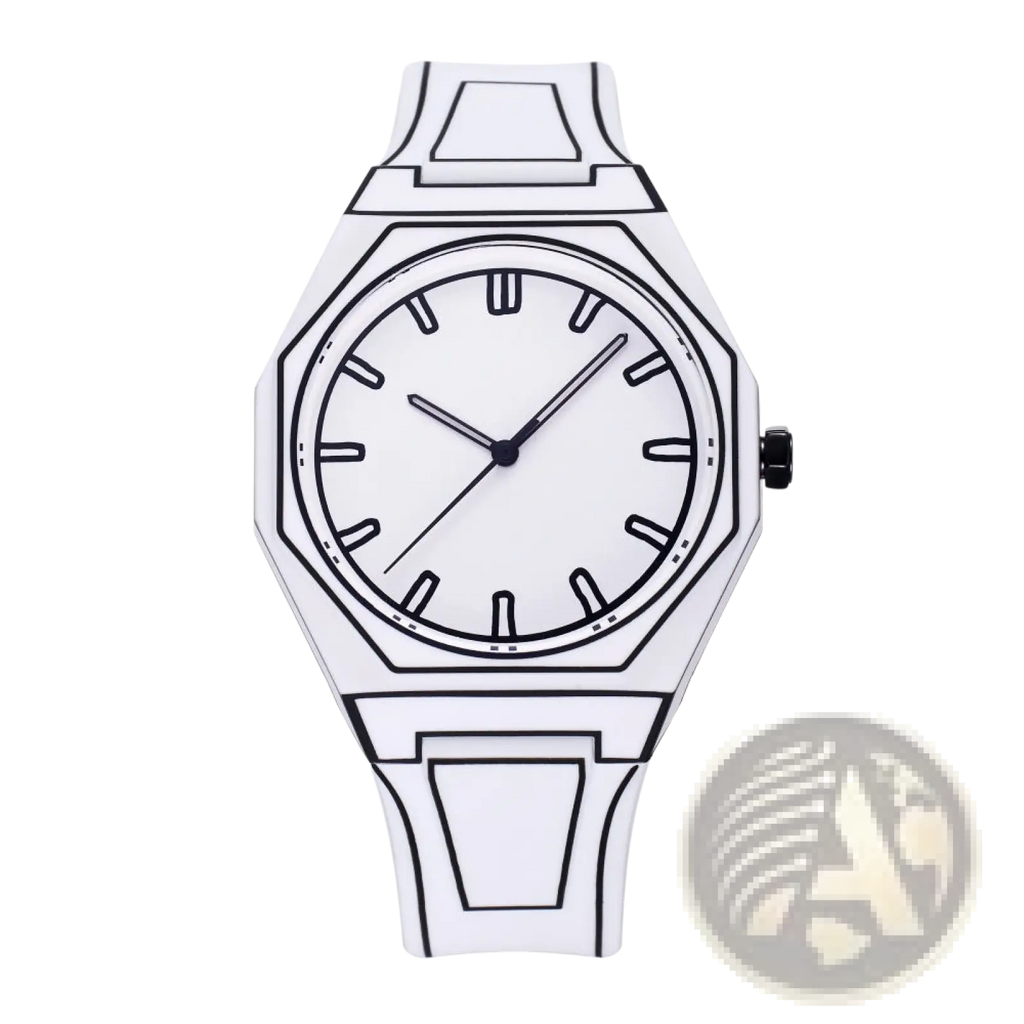 White octagonal modern minimalist waterproof silicone watch with black outlined hour markers and hands