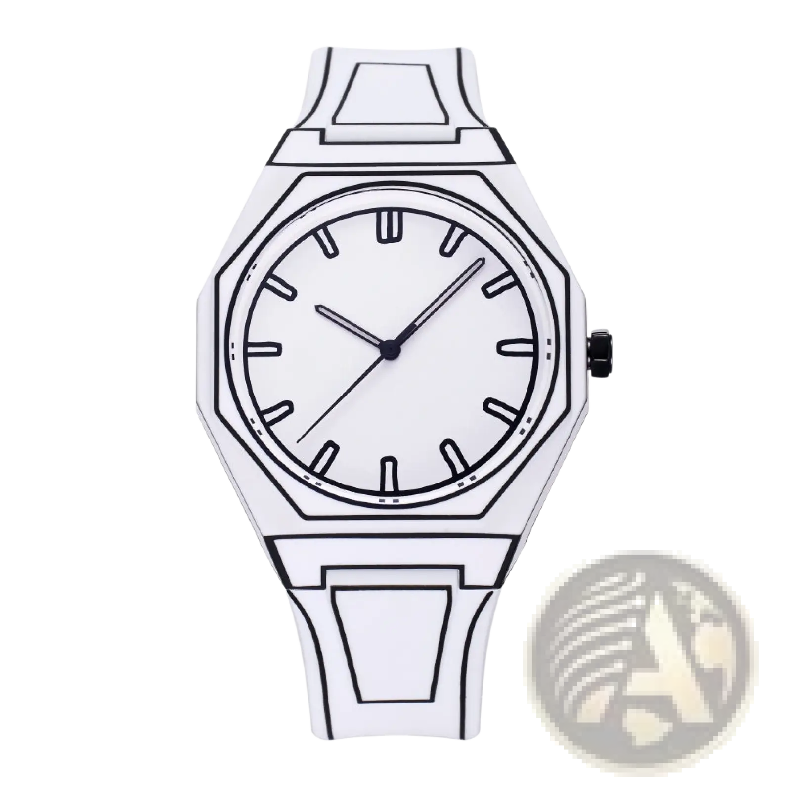 White octagonal modern minimalist waterproof silicone watch with black outlined hour markers and hands