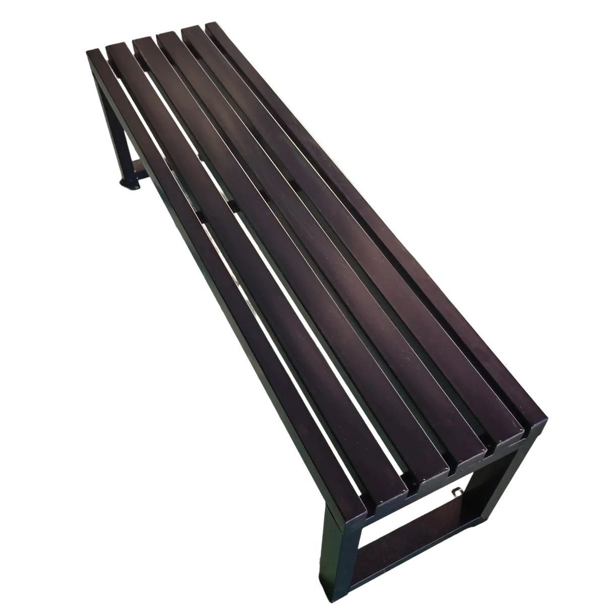 Black metal bench with slatted seat and frame designed for modern outdoor use in parks and public spaces