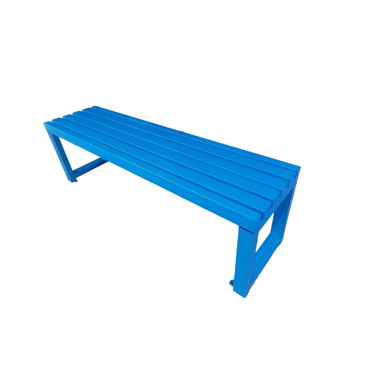 Modern outdoor metal park bench in bright blue with slatted seating and sturdy metal frame for outdoor use