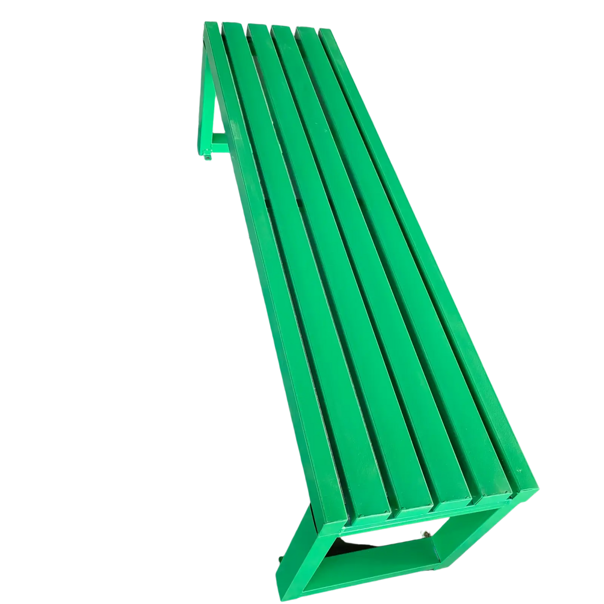 Bright green modern outdoor metal park bench with slatted seating and a sturdy frame for public spaces