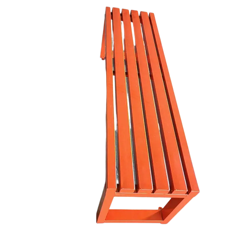 Bright orange modern outdoor metal park bench with slatted seating and a sturdy frame for public spaces
