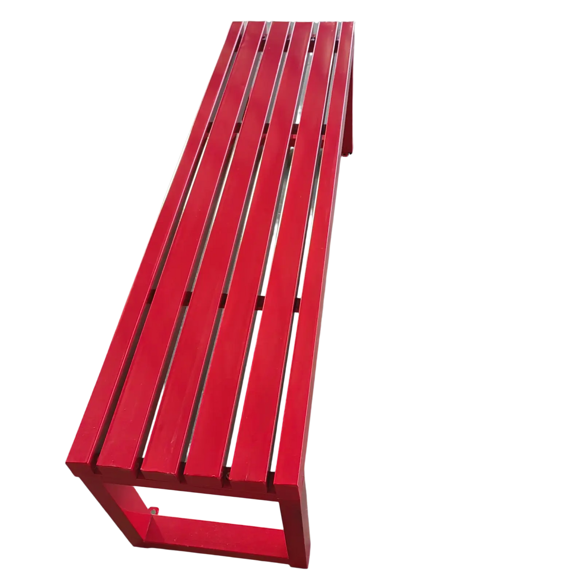 Bright red modern outdoor metal park bench with slatted seating and a sturdy metal frame for durability